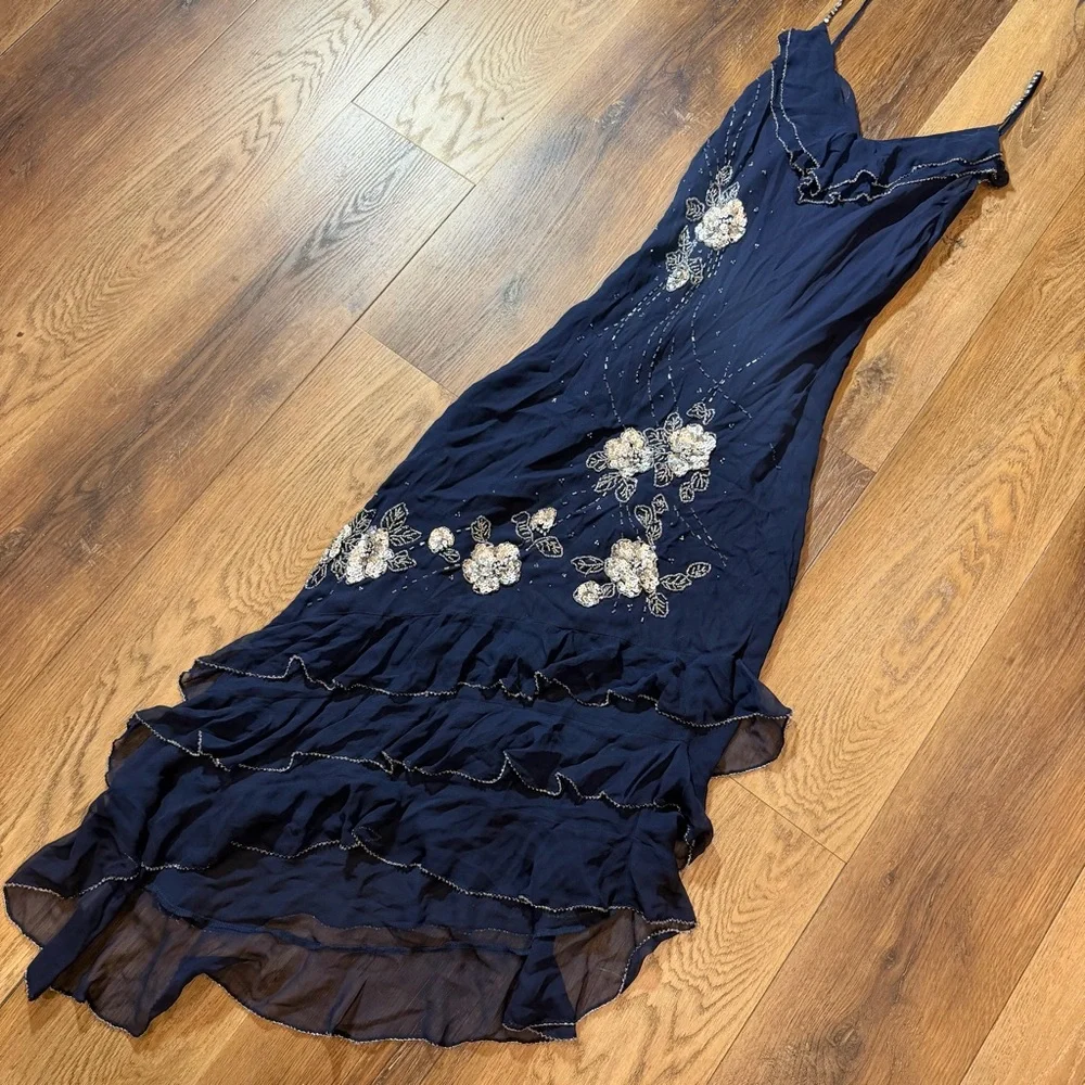 Vintage Y2K 100% Silk Beaded Dress Blue Floral Beaded Fairy Ruffle Prom Dress - Picture 10 of 16